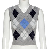 X00530L Phoenix New style print top+V-neck sleeveless stylish contrast checked slim and temperament-friendly knit