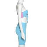 X01259C 2021 tracksuit women one shoulder fitness two piece set purple blue patchwork crop top biker shorts skinny casual
