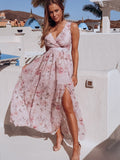 Women Summer Dress Floral Print Long Spaghetti Strap Split Party Pink Chiffon Elegant Casual Maxi Dresses Beach