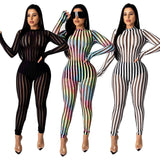 2020 mesh perspective color striped jumpsuit