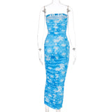 Tie Dye Ruched Strapless Maxi Dresses Women 2020 Summer Fashion Skinny Bodycon Clubwear Sexy Hot Party Dress Wrap Chest