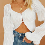 X00993C Lantern Sleeve Ruched Top and Blouse Shirts 2021 Off Shoulder Fashion Button Sexy Women Tops Shirt Blouses Elegant