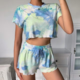 Fashion Women Clothing Casual Style Tie Dye Print T Shirt Two Piece Set Female Short Sleeve Summer Tops And Pants Suit