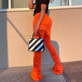 X01681C Solid Orange High Waist Stacked Pants Women Ruffles Sporty Bodycon Street Style Long Flare Trousers Casual Active Wear