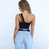 X01017C One Shoulder Sleeveless Fashion Summer Crop Tops Vest Female Hollow Out Sexy Backless Bustier Top Tees Short