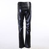 X00749L Fashion minority design sense of double pocket long leather pants sexy slim personality PU leather pants woman