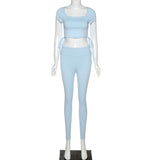 X01161C Sportswear Fitness Workout Two Piece Sets Women Short Sleeve Drawstring Tracksuits Ruched Push Up Top And Leggings Set