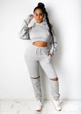 2021 New hooded ripped off-the-shoulder hoodie sexy long-sleeved sports suit casual jogging suit stacks plus size