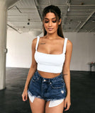 New Summer Women Square Collar Solid Color Sexy Crop Top