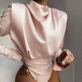 X00879C Elegant Satin Pink Blouse Long Sleeve Bodysuits Tops Women 2021 Spring New Romper Mujer Ladies Cute Shirts