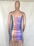 Hot sale contrast color lady dresses sexy low cut & bare shoulders braces skirt colorful drawstring tight mini dress