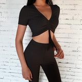 New Short Sleeve Sports Style Two Piece Pleated Lace-up Sexy Bathing Wild Casual Sweat Suit For Womens Clothing