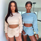 Ribbed Letter Embroidery Casual Loungewear Two Piece Sets Women Long Sleeve Fall 2021 Crop Top And Shorts Tracksuits