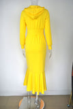 2020 Hot Trim waist and thicken hoodie fishtail dress Casual yellow long sleeve dress plus size in stock