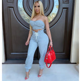 Summer Clothing For Women 2 PCS 2020 Zipper Crop Top And Pants Sexy Wrap Chest Casual Hight Waist Strap Two Piece Set