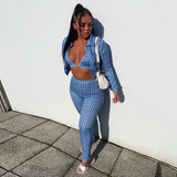 X01563C Phoenix Plaid 3 Piece Sets Women Autumn Zipper Turtleneck Jackets+Sexy Bra+Elastic Pants Matching Sets Female Casual