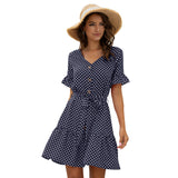 Brand new v neck button polka dot short sleeve casual+dresses women lady elegant casual vestidos mujer dresses