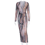 2020 long sleeve print V-neck bandage sexy long dress women party elegant outfits streetwear