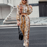 Hot style women sexy two-piece sets+Casual long sleeve printed leopard print hoodie suit