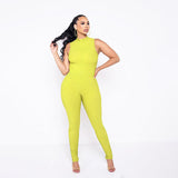 Phoenix solid color sleeveless suit high collar zipper back open slim jumpsuit pleated casual one-piece trousers