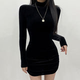 2020 autumn new high collar slim body show thin suede face pleated sexy long sleeve dress skirt