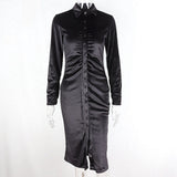 Ruched Turn-Down Collar Button Blouse Dress Women Sexy Long Sleeve Midi Dresses Elegant Black Skinny Female Vestidos