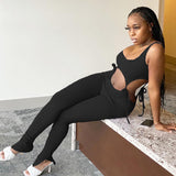 X01122C Bandage Fitness Fashion Women Matching Sets Sleeveless Solid Sporty Workout Two Piece Outfits Skinny Top And Pants Set