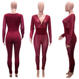 Phoenix Sexy hollowed-out see-through slim V-neck with spliced one-piece trousers pencil trousers club jumpsuit