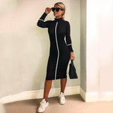 2020 HOT SALE autumn new long-sleeved split stitching linehigh-necked sexy dress