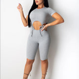 Ribbed Bandage Bodycon Women Rompers Short Sleeve Hollow Out Solid Playsuits Skinny Sexy Solid Biker Shorts Playsuit