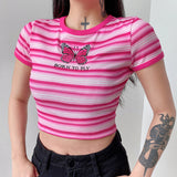 X00253M Factory outlet 2021 summer women tops Slim sexy butterfly casual stripe round neck T-shirt short sleeve top