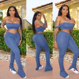 2 Two Piece Set Women Crop Top And Stacked Ruched Split Hem Flare Pants Sexy Tracksuit