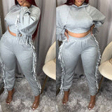 2021 hot style Tassel crop bat sleeve hoodie suit casual fashion women's 2 pieces set plus size in stock