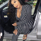 Women Long Sleeve V Neck Stripe Bodycon Jumpsuit Female Sexy Slim Casual Playsuits Clubwear Outfits