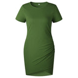 Hot selling summer plain color round neck short sleeve ruched mini slim sexy irregular dress vestidos mujer dresses