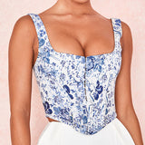 X00051S 2021 sexy ethnic style with the national wind blue and white slim crop tank top women