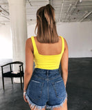 New Summer Women Square Collar Solid Color Sexy Crop Top