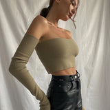 X00723L American and American foreign trade hot style autumn winter women's wear+Sexy one-line strapless cuff-sleeve top