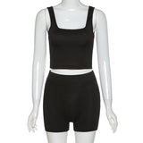 X01256C women fitness tracksuit low-neck sleeveless tank top biker shorts set solid elastic high 2 piece set casual sporty