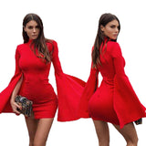 2020 new arrivals Hot-selling new solid color high collar slit trumpet sleeve cover buttock bodycon dress lady elegant