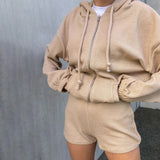 X00750L Hot style ladies two-piece set+New fashion corduroy long sleeve hooded zipper hoodie shorts set