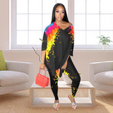 X00545M Fashionable Printed slit V-neck two-piece suit for women plus size