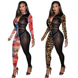 Phoenix Sexy jumpsuit stand collar and color tights Printed mesh woven tape spliced jumpsuit