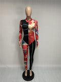 jumpsuits slim long sleeve jumpsuit Popular print splicing ribbon splicing jumpsuit