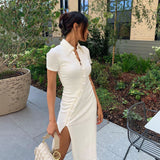 2020 New Button-down slit down dress Chinese style Qipao skirt dress casual short sleeve dress white in stock