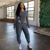 X01419C Cotton Solid Matching Sets 2021 Autumn Full Sleeve Zipper Tops+Pants Outfits Fashion Fitness Casual Two Piece Set Women