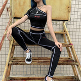 Women sport two piece set outfits sports fitness one shoulder top leggings matching sets fashion 2 pcs tracksuits