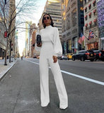 Fall Jumpsuit Women Wide Leg Long Jumpsuits 2020 Elegant Office Lady Work Casual High Neck Lantern Sleeve Overall