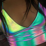 V Neck Sexy Holographic Bralette Crop Top Strap Reflective Fashion Camis Hot Summer Sleeveless Backless Tank Tops