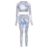 X01289C women skinny patchwork tracksuit 2 piece outfits long sleeve crop top sporty leggings matching set casual fitness cloth